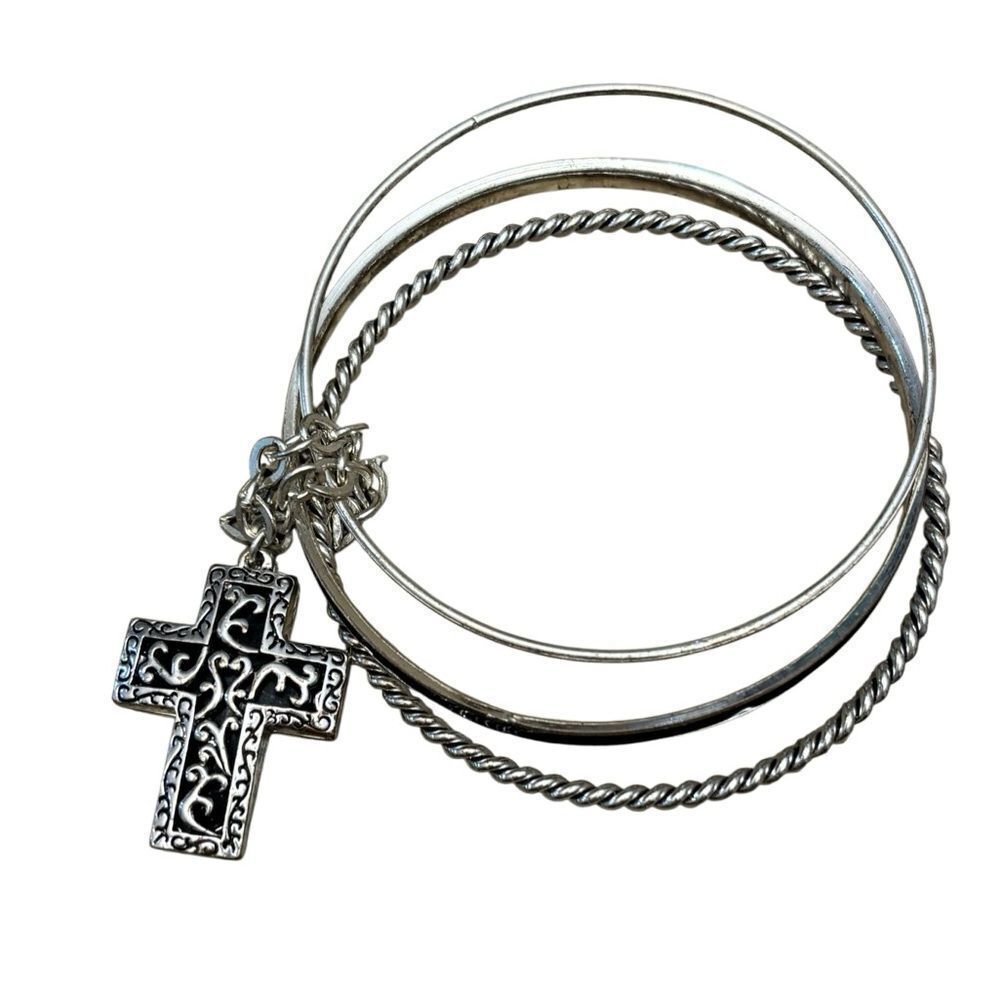 Vintage Silver Tone Bangle Bracelet Stack 3pc Filigree Cross Charm Boho Western